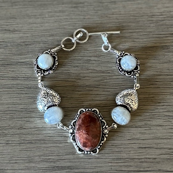 1058 Red Aventurine Rainbow Moonstone Bracelet Silver Statement Jewelry - Picture 3 of 10